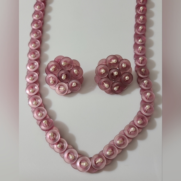 Set Vintage 80's button necklace earrings pierced pearls lavender purple handmad - Picture 1 of 10